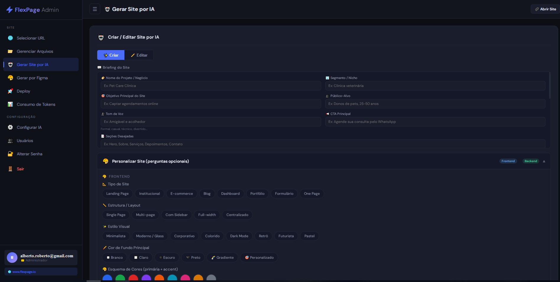 Prévia visual do painel admin.flexpage.io para criação de sites