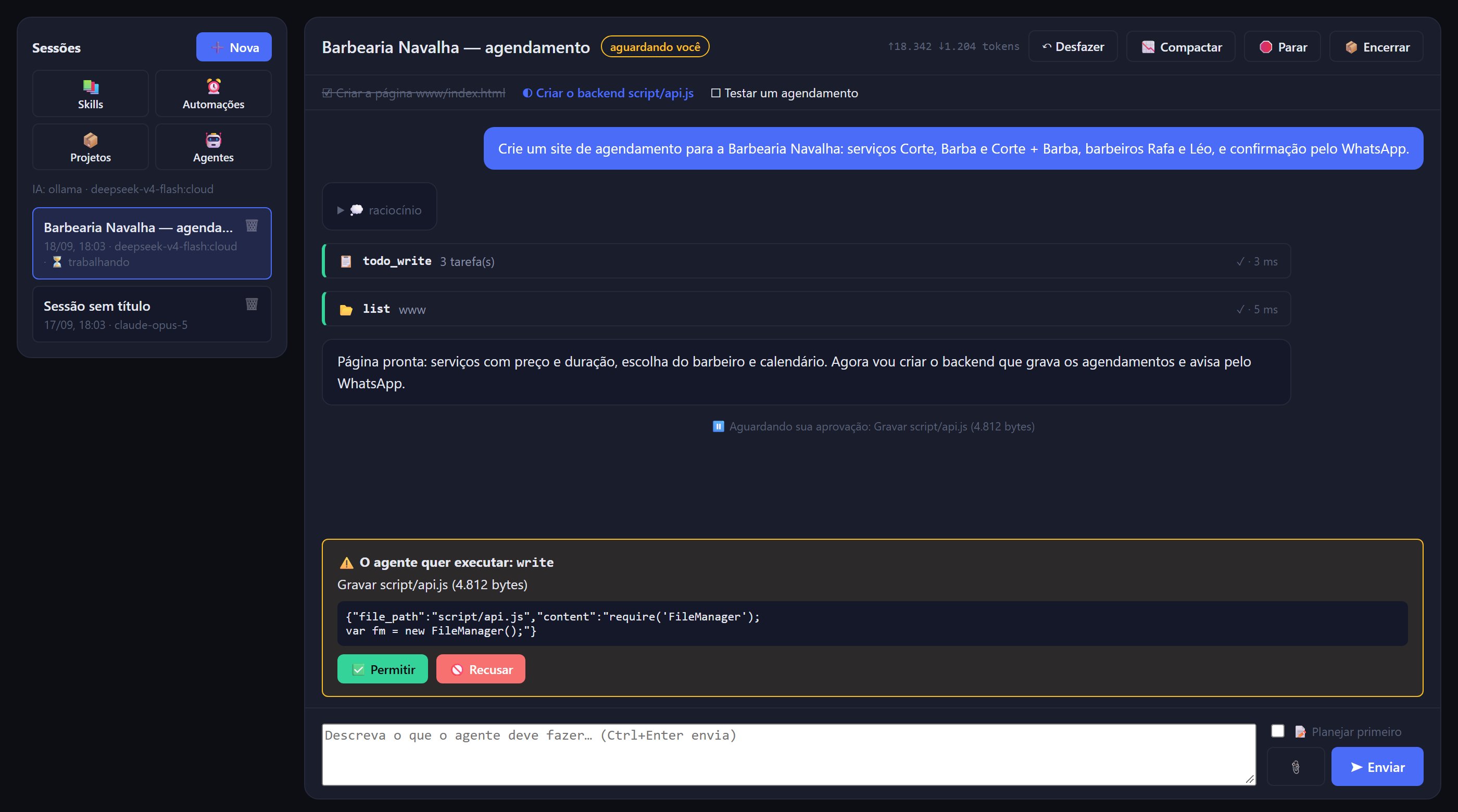 Tela do Harness, a IA da FlexPage: o usuário descreve um site de agendamento em português, a IA lista as tarefas, cria a página e pede aprovação antes de gravar o backend.