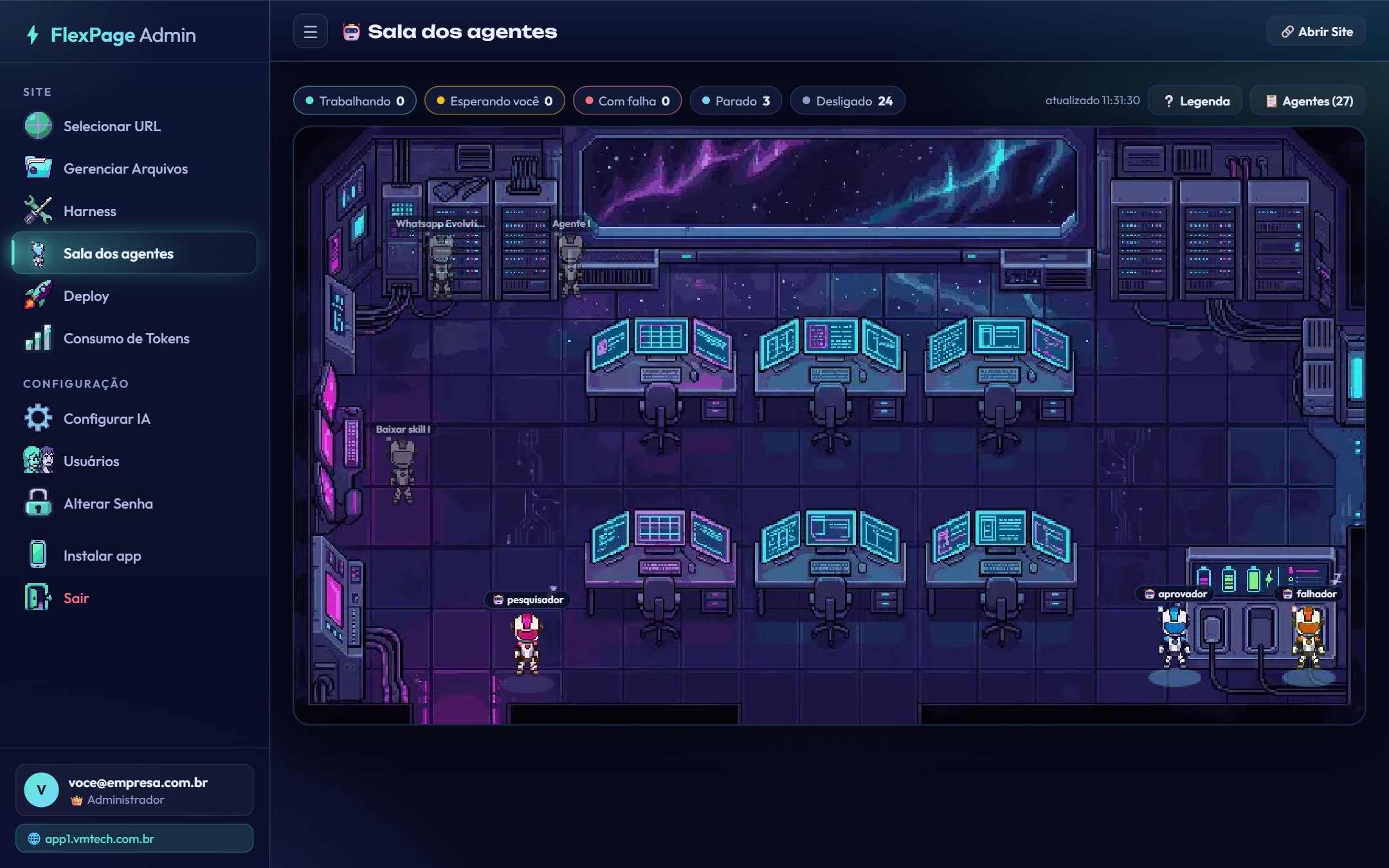 Sala dos agentes: robôs em pixel art numa sala com mesas e estação de recarga; contadores Trabalhando, Esperando você, Com falha, Parado e Desligado