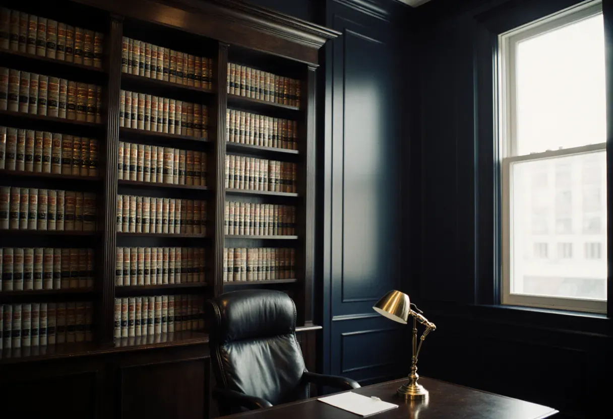 Imagem de topo do exemplo de landing page para advogado: sala de escritório com estante de livros jurídicos
