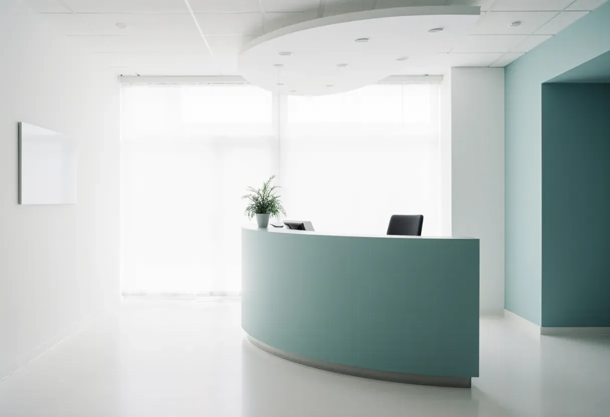 Imagem de topo do exemplo de landing page para clínica: recepção moderna em tons de branco e verde
