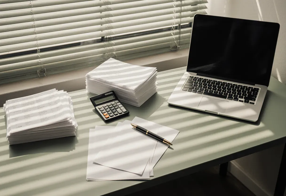 Imagem de topo do exemplo de landing page para contador: mesa com documentos, calculadora e notebook