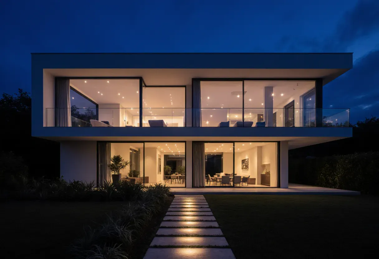 Imagem de topo do exemplo de landing page para imobiliária: casa contemporânea iluminada ao anoitecer